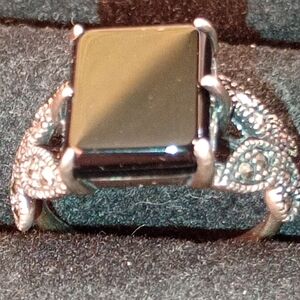 Vintage Sterling Silver Black Stone Silver Ring, With Marcasite Butterflies